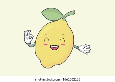 Vector Okay, Okey, OK Hand Gesture. LoL, Haha, Laught face. Lemon Fruit character emoticon, emoji, expression cartoon style. Logo, Icon, Mascot Illustration art