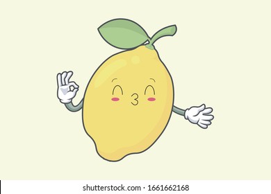 Vector Okay, Okey, OK Hand Gesture. Kiss, Flirty, Smiling Eye face. Lemon Fruit character emoticon, emoji, expression cartoon style. Logo, Icon, Mascot Illustration art