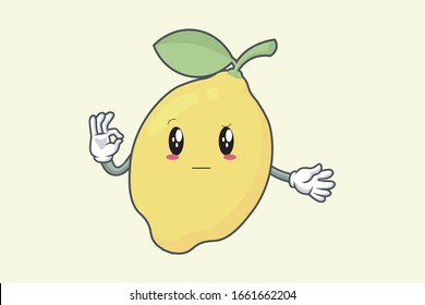 Vector Okay, Okey, OK Hand Gesture. Really, Attentive face. Lemon Fruit character emoticon, emoji, expression cartoon style. Logo, Icon, Mascot Illustration art