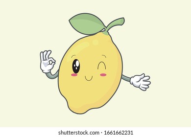 Vector Okay, Okey, OK Hand Gesture. Wink, Smilling face. Lemon Fruit character emoticon, emoji, expression cartoon style. Logo, Icon, Mascot Illustration art