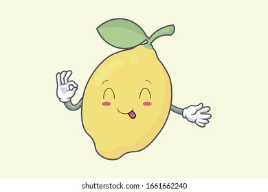 Vector Okay, Okey, OK Hand Gesture. Yum, Tongue face. Lemon Fruit character emoticon, emoji, expression cartoon style. Logo, Icon, Mascot Illustration art