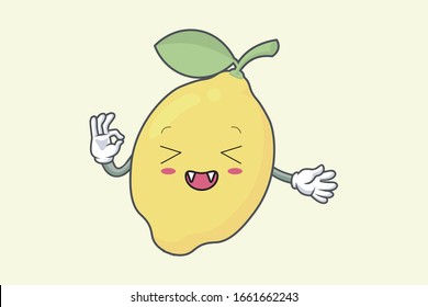 Vector Okay, Okey, OK Hand Gesture. Laughing, Happy, fun face. Lemon Fruit character emoticon, emoji, expression cartoon style. Logo, Icon, Mascot Illustration art