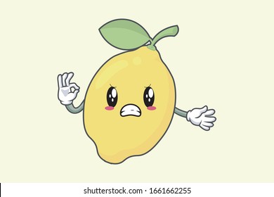 Vektorillustration Okay, Okey, OK Hand Gesture. Wütend, Mad Gesicht. Lemon Fruit Charakter Emoticon, Emoji, Ausdruck Cartoon Stil. Logo, Symbol, Maskenbildkunst