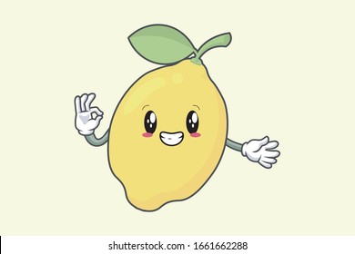 Vector Okay, Okey, OK Hand Gesture. Anxious face. Lemon Fruit character emoticon, emoji, expression cartoon style. Logo, Icon, Mascot Illustration art