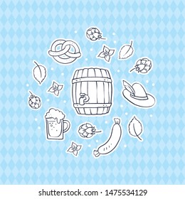 Vector oktoberfest banner template. Circle frame of white outline holiday food and drink icons on blue retro texture background. Design for card, invitation, beer menu, label, ad, event