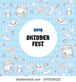 Vector oktoberfest banner template. Circle white frame with border of outline holiday icons on blue retro texture background. Design for card, invitation, beer menu, label, ad, event