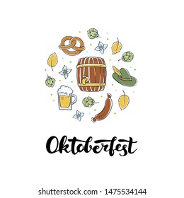 Vector oktoberfest banner template. Circle frame with colorful holiday bavarian retro symbol icons isolated on white. Hand drawn lettering text Design for card, invitation, beer menu, label, ad, event