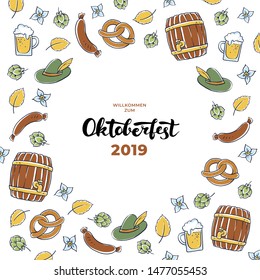 Vector oktoberfest banner template. Circle frame with border of colorful holiday icons. Lettering text Oktoberfest Willcome zum (Welcome to). Design for card, invitation, beer menu, label, ad, event