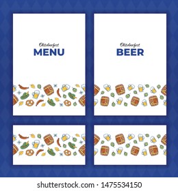 Vector oktoberfest banner template set. Poster and border frame with colorful holiday bavarian retro style food and beverages icons. Design for card, invitation, beer menu, label, ad, event.