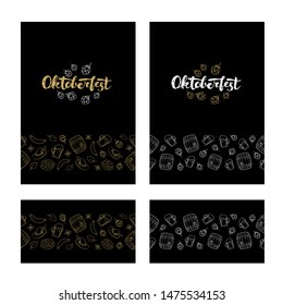 Vector oktoberfest banner template set. Grunge poster and border frame with holiday symbol bavarian retro style food and beverages icons. Design for card, invitation, beer menu, label, ad, event.