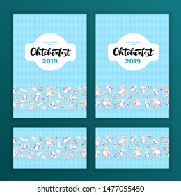 Vector oktoberfest banner template set. Poster and border frame with outline food beverages icons. Text Oktoberfest Willcome zum (Welcome to). Design for card, invitation, beer menu, label, ad, event.