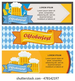 Vector Oktoberfest banners. Bavarian man and woman celebrating Oktoberfest. Design elements for marketing, advertising and media. Flat cartoon illustration. Objects isolated on white background.