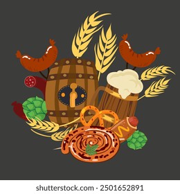 Vector oktoberfest beer festival. Food and drink poster. Trendy art for pub, bar, holiday party advertising. Wooden beer barrel and beer mug, snacks, sausages and wheat on a black background