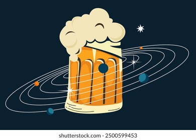 Vector Oktoberfest Beer Festival. Carteles de Vector de cerveza. Arte retro de moda para pub, bar, publicidad de fiesta. Vaso de cerveza con una bebida fría y sistema solar con planetas