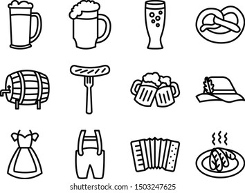 Vector Oktoberfest beer icons set with sausage, pretzel and Bavarian hat, beer glass, mug, barrel