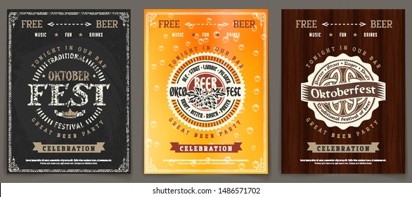 vector oktoberfest brew festivity celebration template set of retro advertisement or invitation flyer on old-fashioned scene classical white work star bar party black background scene festival timber