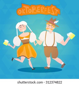 Vector oktoberfest cartoon style  dancing woman and man with beer. Cute  illustration  for your design, banners, promotion.