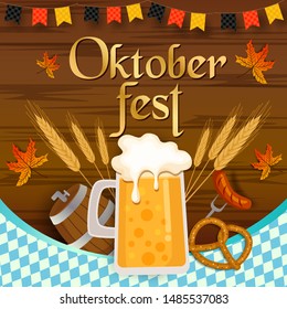 
Vector of Oktoberfest festival design with wooden plank background and beverage and food.