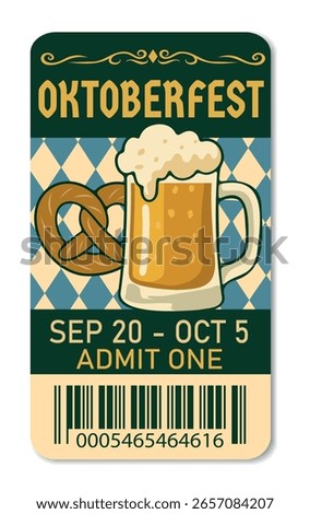 Vector Oktoberfest general admission ticket with beer mug, pretzel and traditional Bavarian ornament. Ideal for posters, templates and party decorations