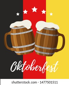 Vector Oktoberfest illustration on Germany flag, two wooden tankards, traditional mug and cup. Pub, brewery design