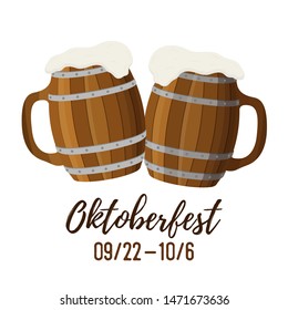 Vector Oktoberfest illustration, two wooden tankards, traditional mug and cup. Pub, brewery design