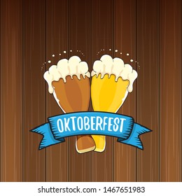 vector oktoberfest vector label with beer glass or beer mug isolated on wooden  background. octoberfest vector graphic poster or banner design template