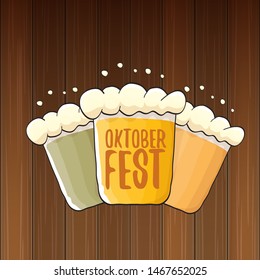 vector oktoberfest vector label with beer glass or beer mug isolated on wooden  background. octoberfest vector graphic poster or banner design template