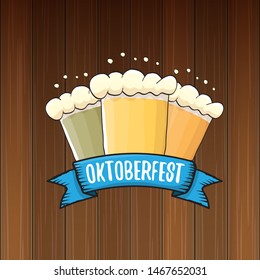 vector oktoberfest vector label with beer glass or beer mug isolated on wooden  background. octoberfest vector graphic poster or banner design template