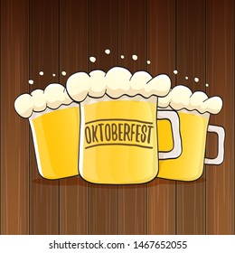 vector oktoberfest vector label with beer glass or beer mug isolated on wooden  background. octoberfest vector graphic poster or banner design template