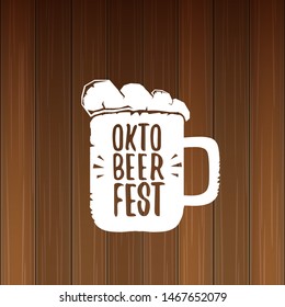 vector oktoberfest vector label with beer glass or beer mug isolated on wooden  background. octoberfest vector graphic poster or banner design template