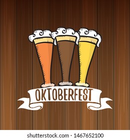 vector oktoberfest vector label with beer glass or beer mug isolated on wooden  background. octoberfest vector graphic poster or banner design template