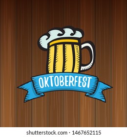 vector oktoberfest vector label with beer glass or beer mug isolated on wooden  background. octoberfest vector graphic poster or banner design template