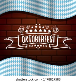 vector oktoberfest vector label with beer glass or beer mug isolated on brick wall background. octoberfest vector graphic poster or banner design template