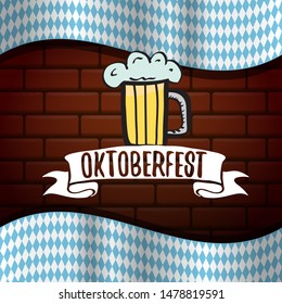 vector oktoberfest vector label with beer glass or beer mug isolated on brick wall background. octoberfest vector graphic poster or banner design template