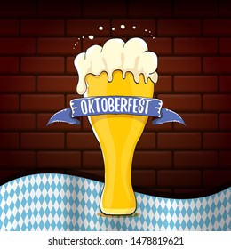 vector oktoberfest vector label with beer glass or beer mug isolated on brick wall background. octoberfest vector graphic poster or banner design template