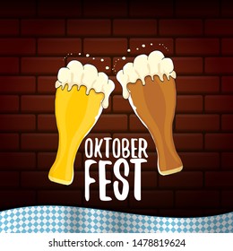 vector oktoberfest vector label with beer glass or beer mug isolated on brick wall background. octoberfest vector graphic poster or banner design template