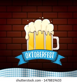 vector oktoberfest vector label with beer glass or beer mug isolated on brick wall background. octoberfest vector graphic poster or banner design template