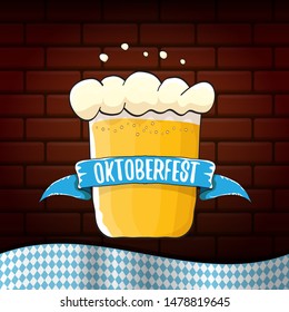 vector oktoberfest vector label with beer glass or beer mug isolated on brick wall background. octoberfest vector graphic poster or banner design template