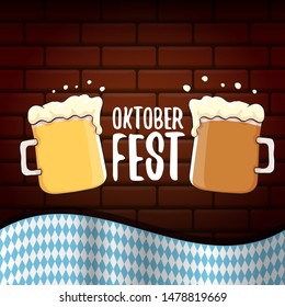 vector oktoberfest vector label with beer glass or beer mug isolated on brick wall background. octoberfest vector graphic poster or banner design template