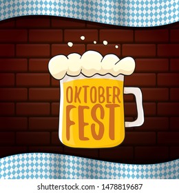 vector oktoberfest vector label with beer glass or beer mug isolated on brick wall background. octoberfest vector graphic poster or banner design template