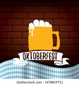 vector oktoberfest vector label with beer glass or beer mug isolated on brick wall background. octoberfest vector graphic poster or banner design template