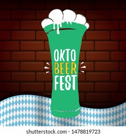 vector oktoberfest vector label with beer glass or beer mug isolated on brick wall background. octoberfest vector graphic poster or banner design template