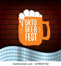 vector oktoberfest vector label with beer glass or beer mug isolated on brick wall background. octoberfest vector graphic poster or banner design template