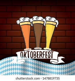 vector oktoberfest vector label with beer glass or beer mug isolated on brick wall background. octoberfest vector graphic poster or banner design template