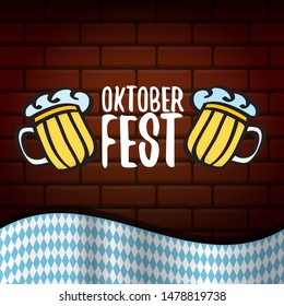 vector oktoberfest vector label with beer glass or beer mug isolated on brick wall background. octoberfest vector graphic poster or banner design template