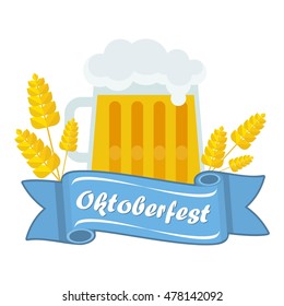 Vector Oktoberfest logo. A mug of German beer, malt. Beer Oktoberfest German festival. Design elements for advertising and media. Flat cartoon illustration. Objects isolated on white background.