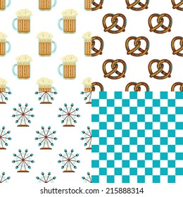 Vector Oktoberfest patterns set with beer mugs, pretzels, carousels, Bavaria flag