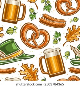 Vector Oktoberfest Seamless Pattern, decorative background with flying oktoberfest pretzel, green tyrolean hat and beer glass for wrapping paper, square placard for oktoberfest on white background