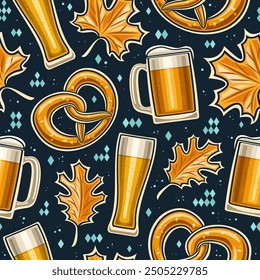 Vector Oktoberfest Seamless Pattern, decorative background with flat lay oktoberfest pretzel, autumn leaves and pint beer glass for wrapping paper, square placard for oktoberfest on dark background