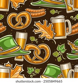 Vector Oktoberfest Seamless Pattern, decorative background with flying oktoberfest pretzel, green tyrolean hat and pint glass for wrapping paper, square placard for oktoberfest on black background